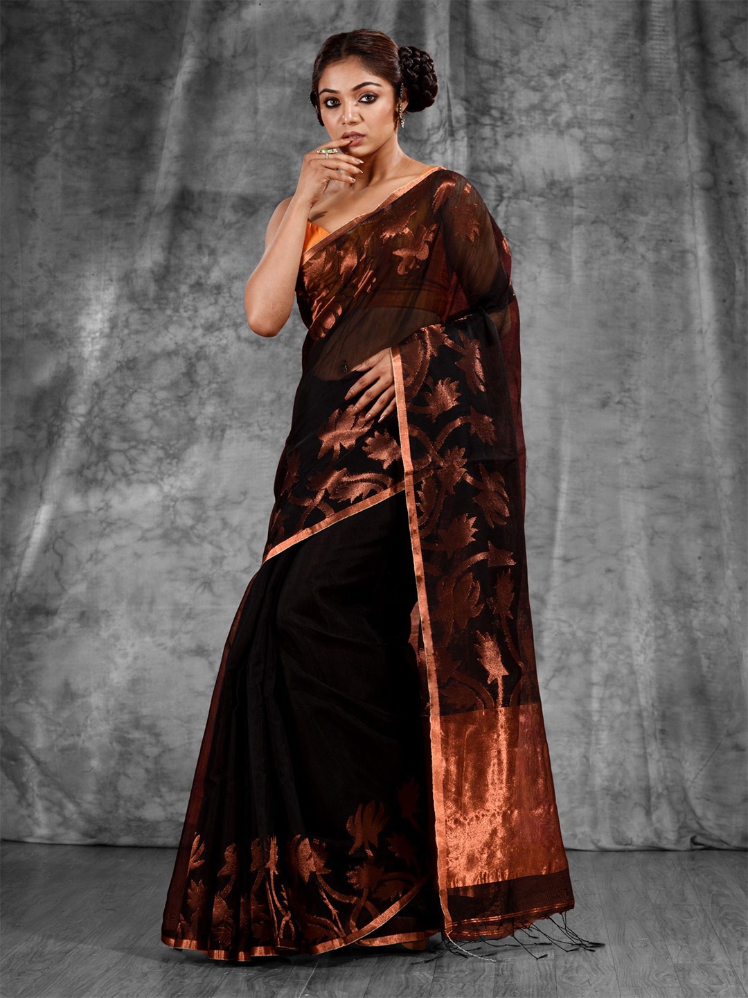 

Charukriti Black & Copper-Toned Woven Design Zari Pure Cotton Saree