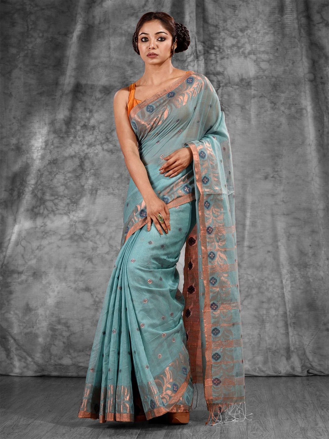 

Charukriti Blue & Gold-Toned Woven Design Zari Saree