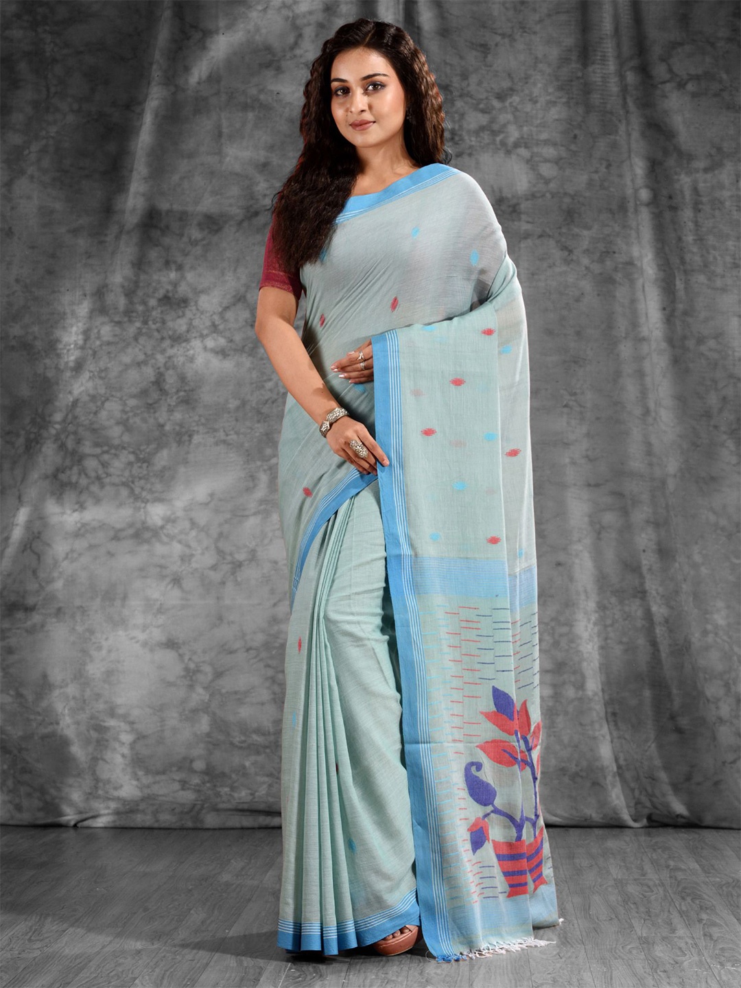 

Charukriti Blue & Red Woven Design Pure Cotton Saree