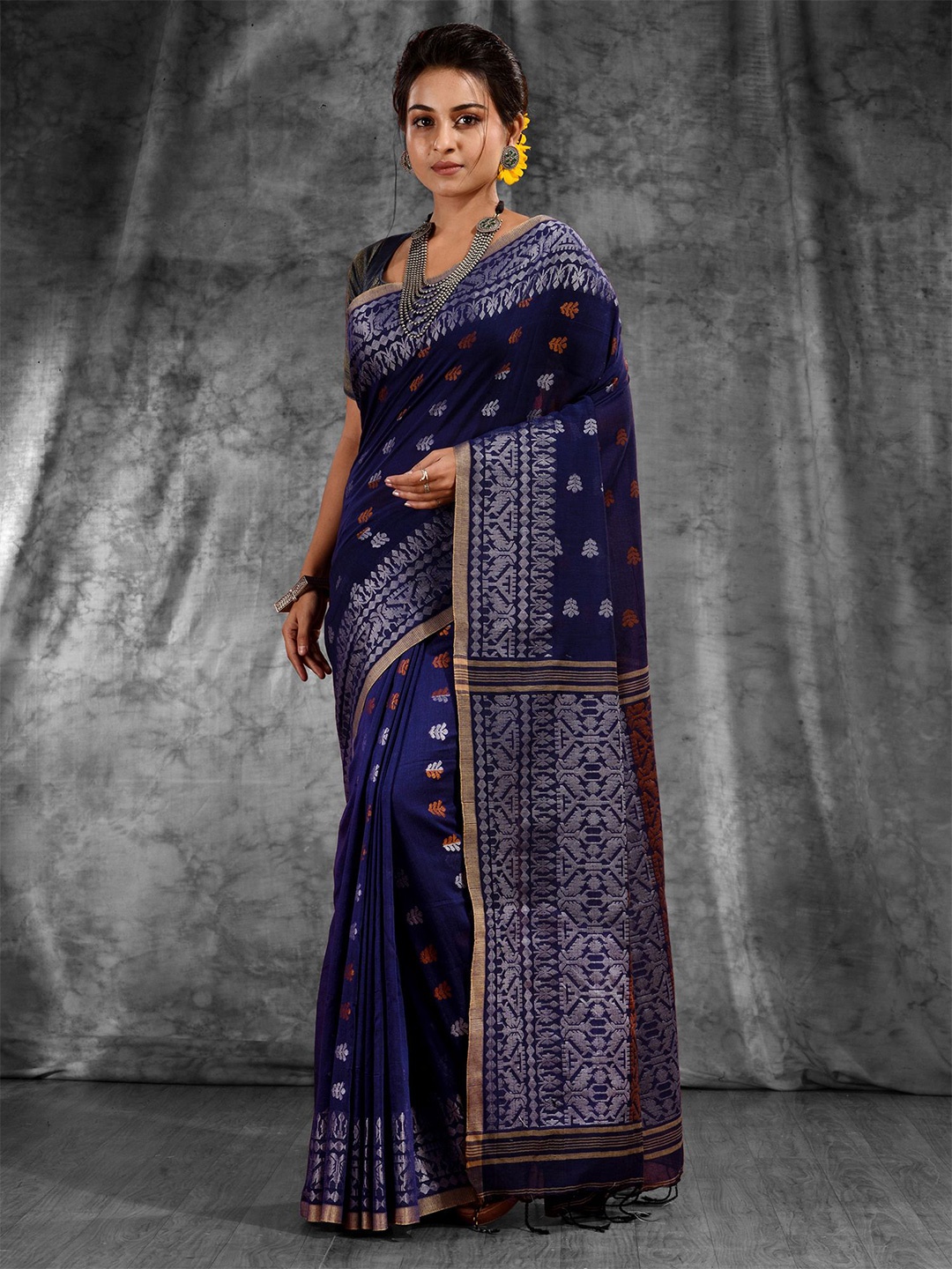 

Charukriti Blue & Silver-Toned Woven Design Zari Pure Cotton Saree