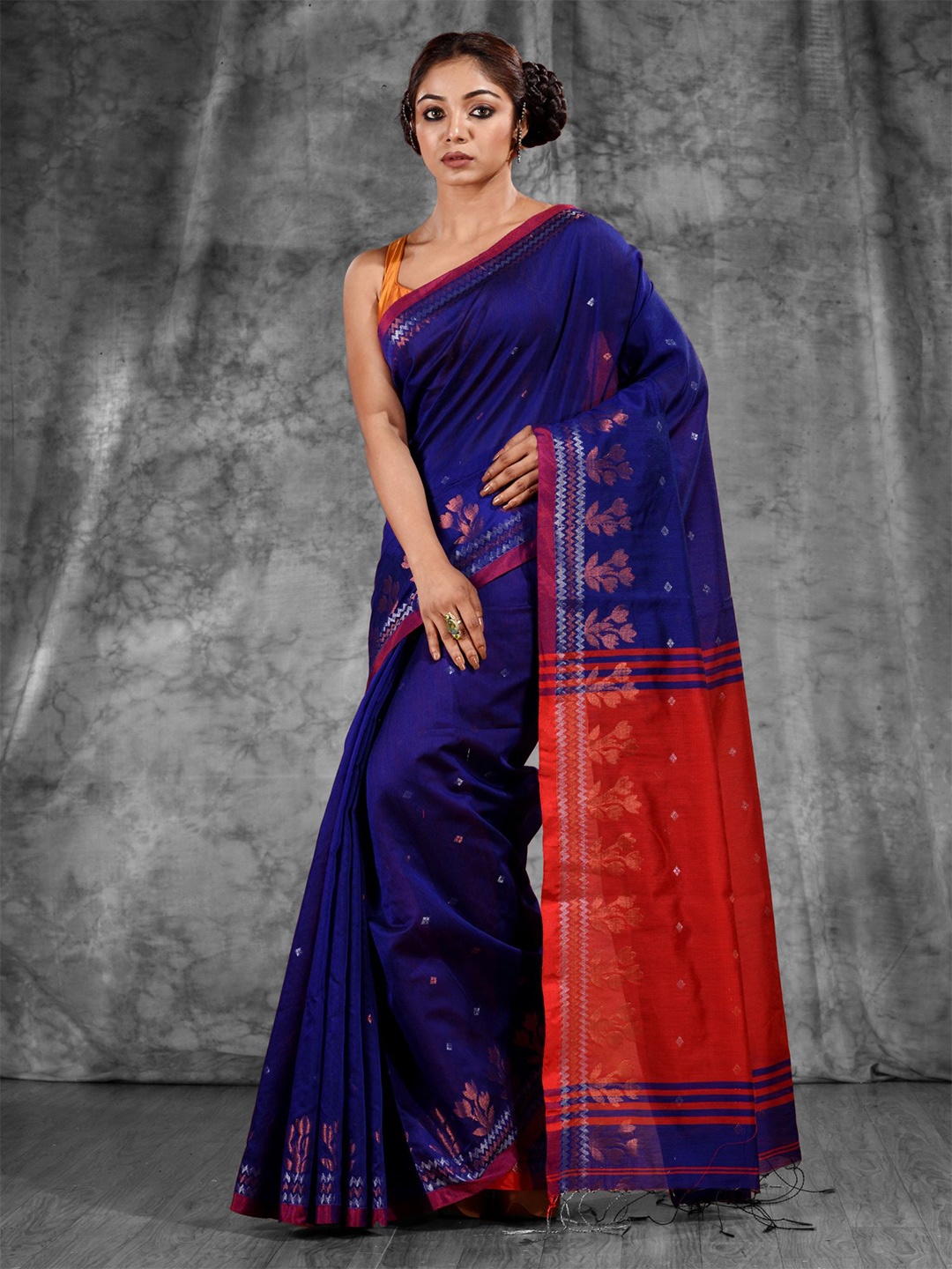 

Charukriti Blue & Orange Woven Design Zari Pure Cotton Saree