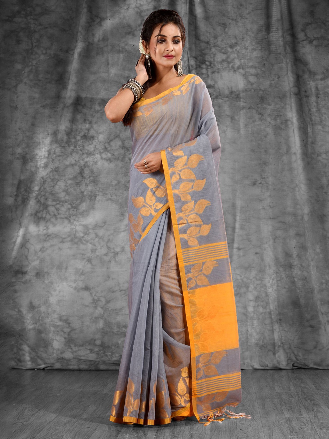 

Charukriti Grey & Yellow Woven Design Zari Saree