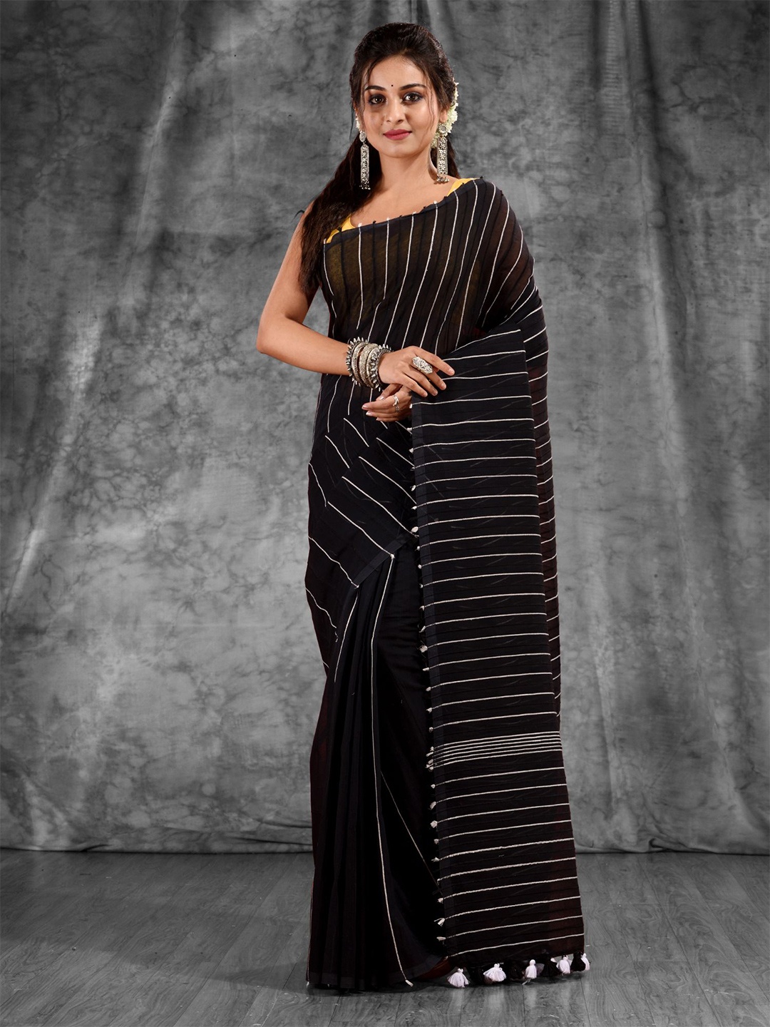 

Charukriti Black & White Striped Pure Cotton Saree