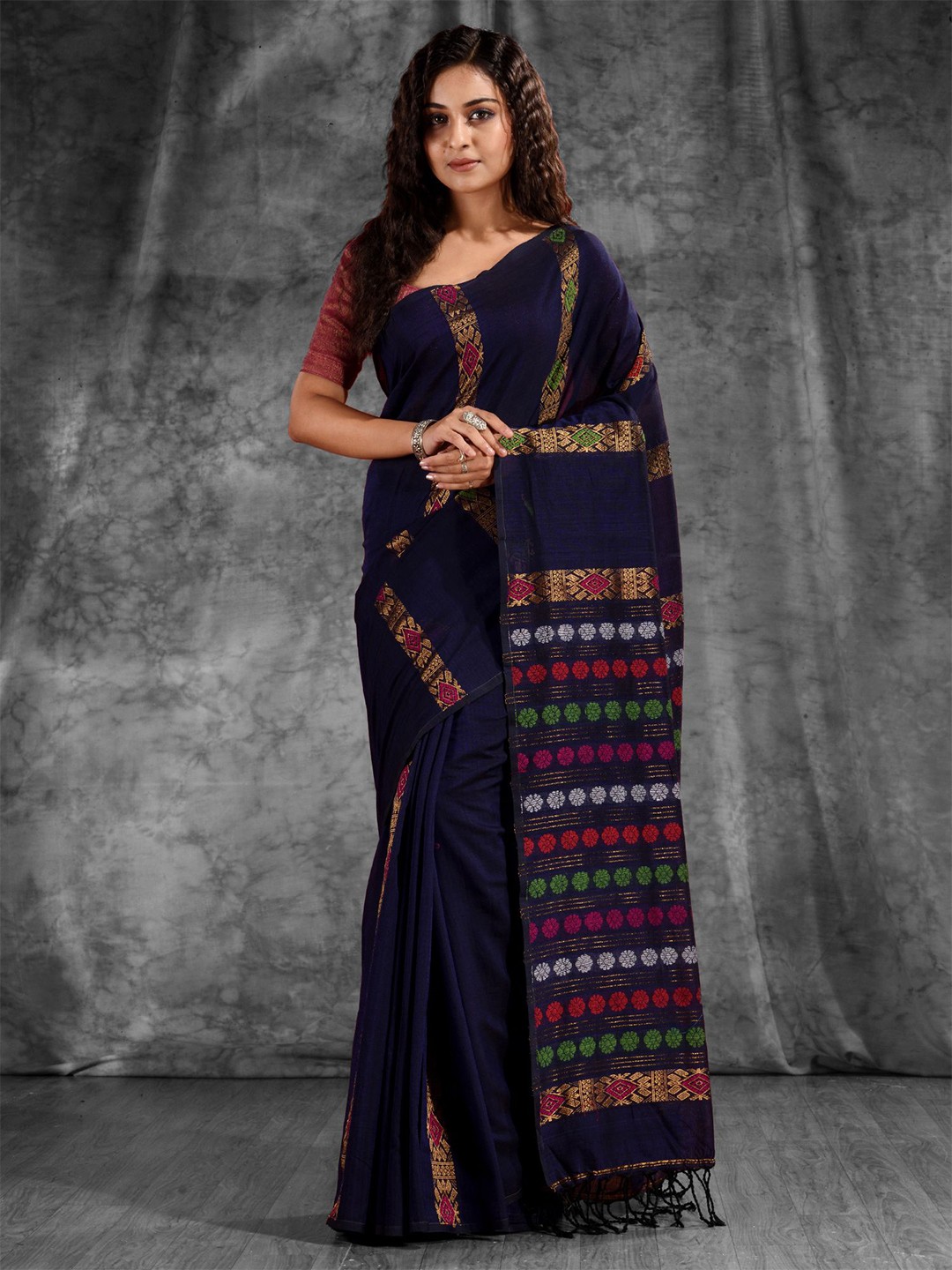 

Charukriti Blue & Red Woven Design Pure Cotton Zari Saree