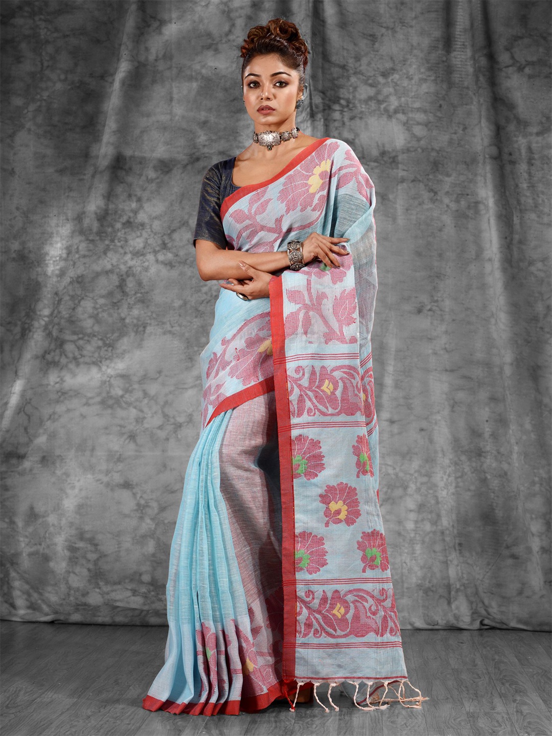 

Charukriti Blue & Red Woven Design Pure Linen Saree