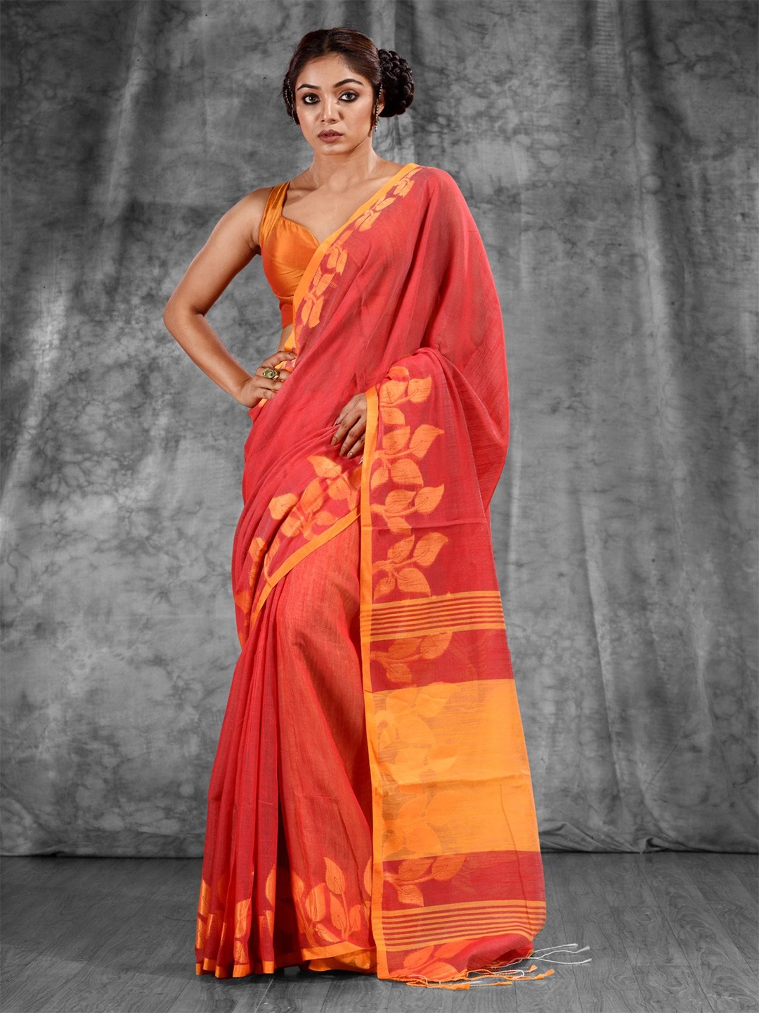 

Charukriti Red & Orange Woven Design Zari Saree