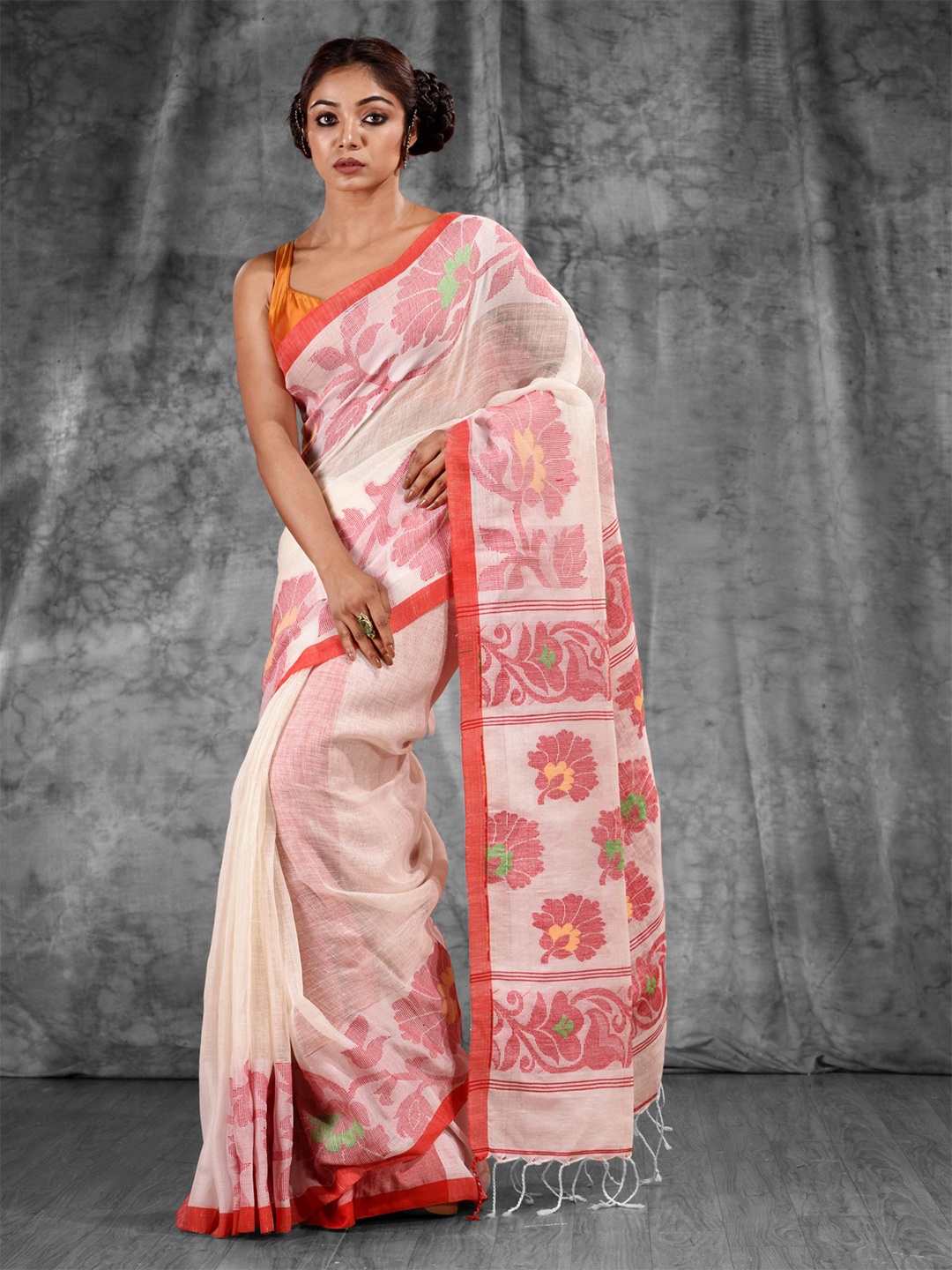 

Charukriti White & Pink Floral Woven Design Pure Linen Saree