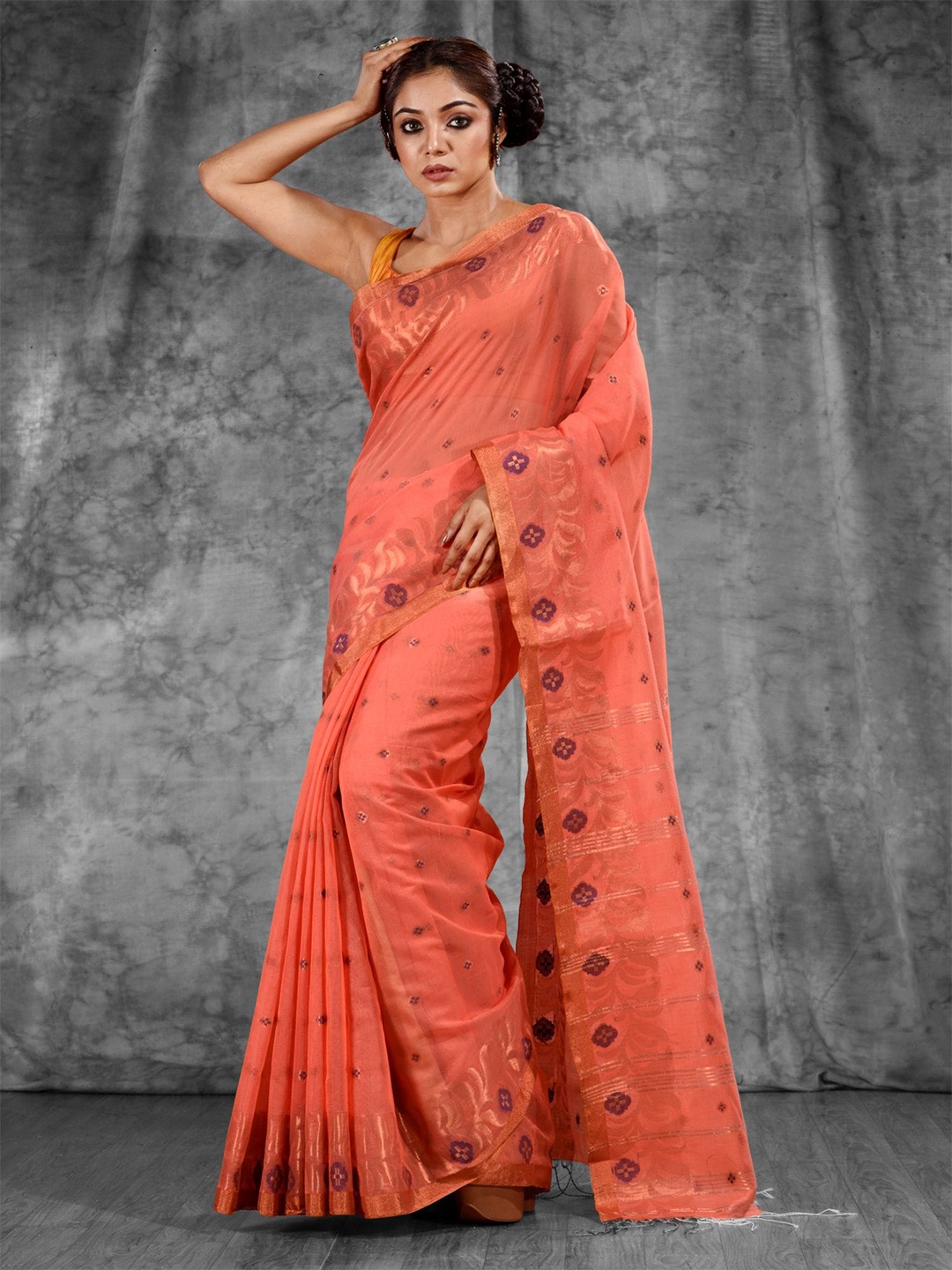 

Charukriti Orange & Gold-Toned Woven Design Zari Saree