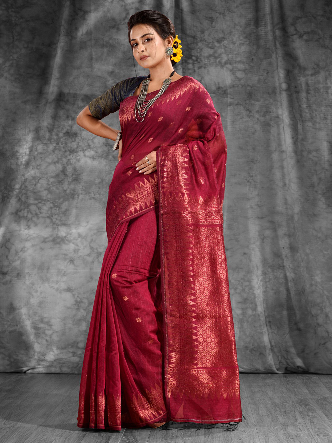 

Charukriti Red & Copper Toned Woven Design Silk Cotton Zari Saree