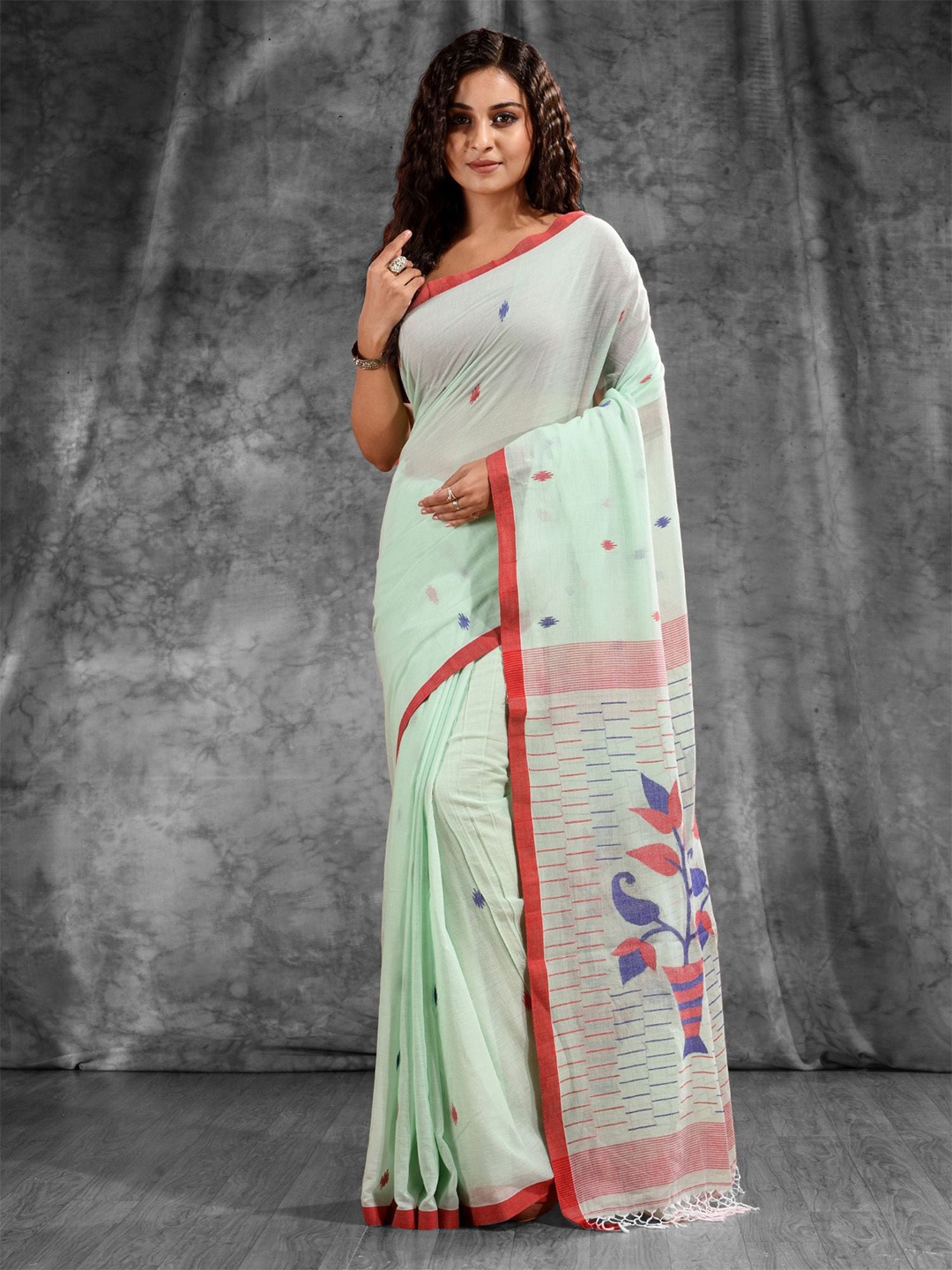 

Charukriti Green & Red Woven Design Pure Cotton Saree