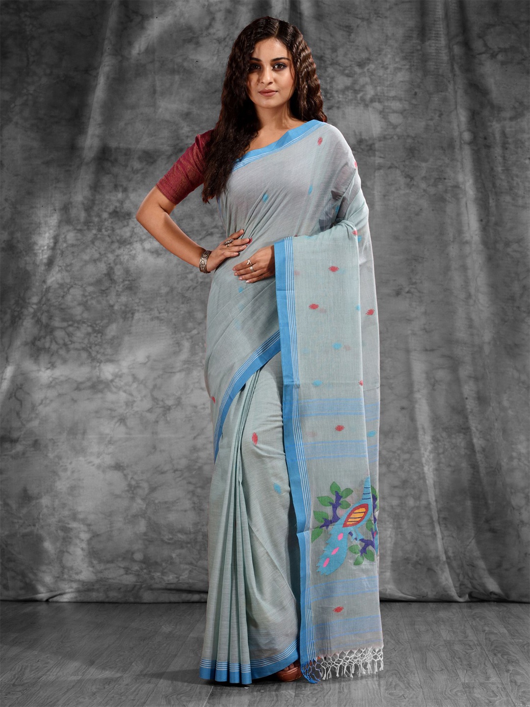 

Charukriti Blue & Green Woven Design Pure Cotton Saree