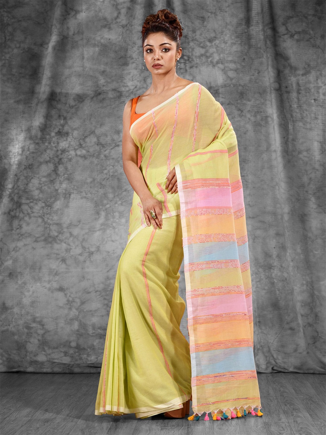 

Charukriti Yellow & Pink Woven Design Striped Pure Cotton Saree