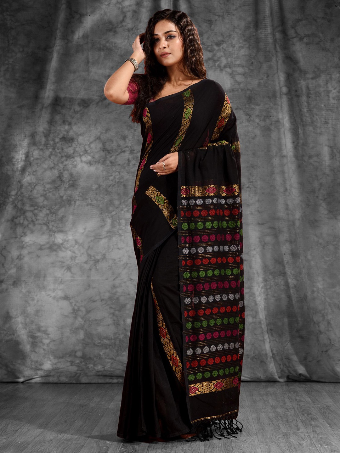 

Charukriti Black & Gold Toned Floral Woven Design Pure Cotton Saree