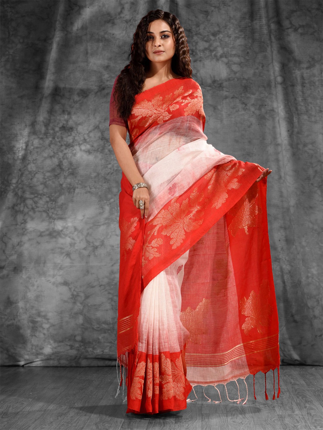 

Charukriti White & Red Floral Woven Design Pure Linen Zari Saree