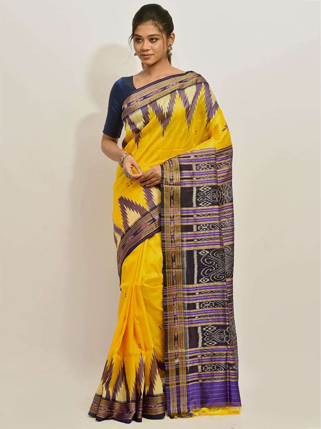 

AllSilks Yellow & Navy Blue Woven Design Pure Silk Pochampally Saree