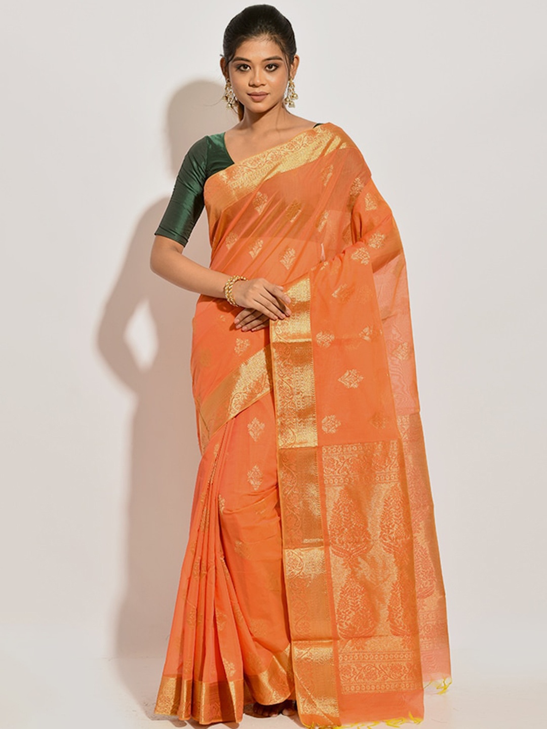 

AllSilks Orange & Gold-Toned Woven Design Zari Pure Cotton Saree
