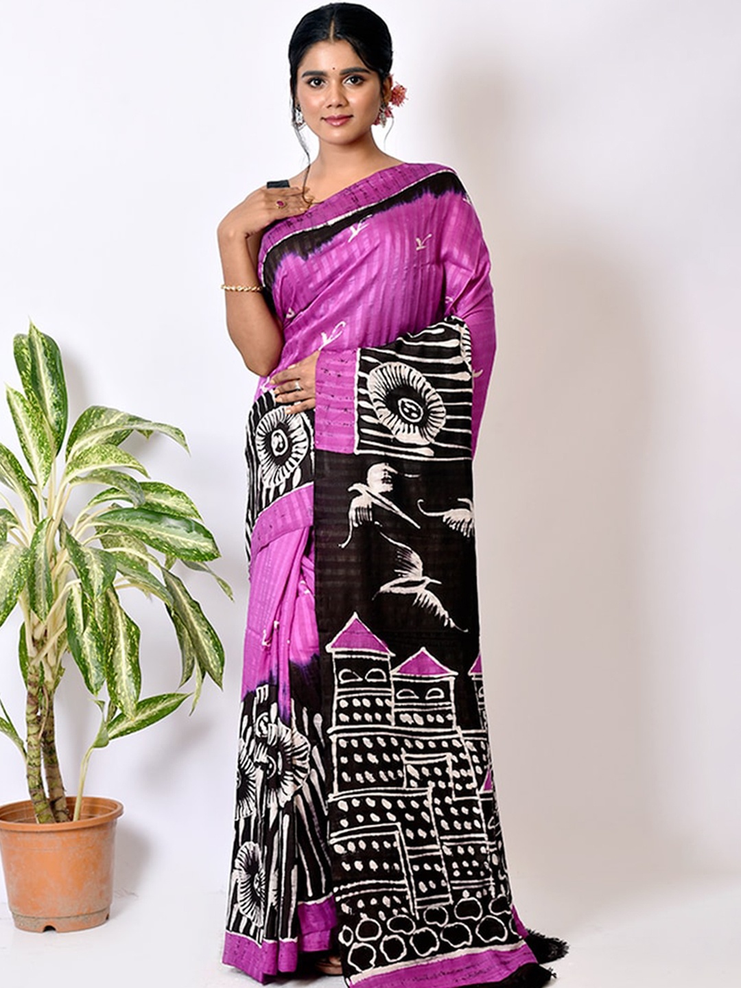 

AllSilks Purple & Black Floral Silk Blend Saree