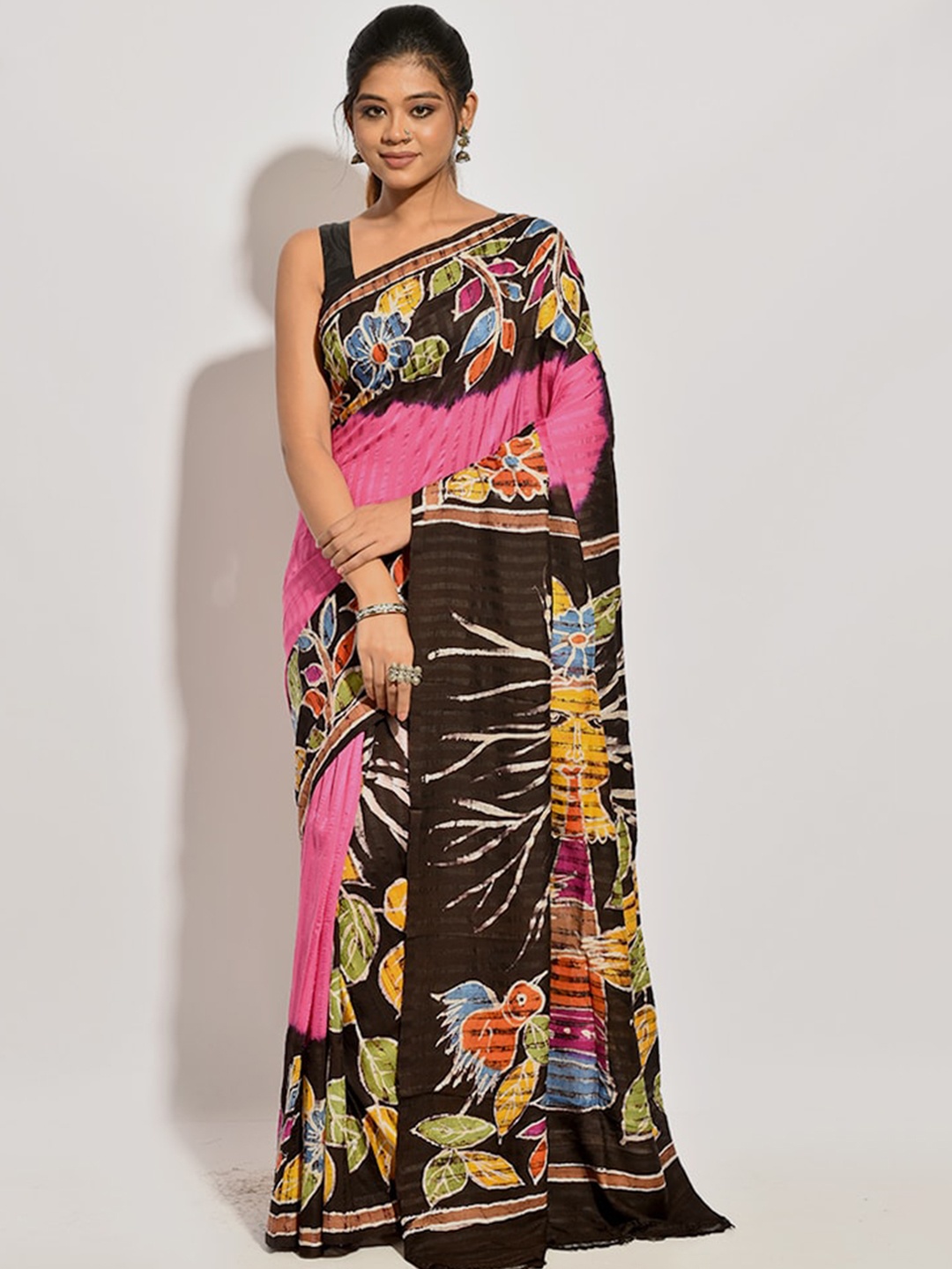 

AllSilks Pink & Brown Floral Silk Blend Saree