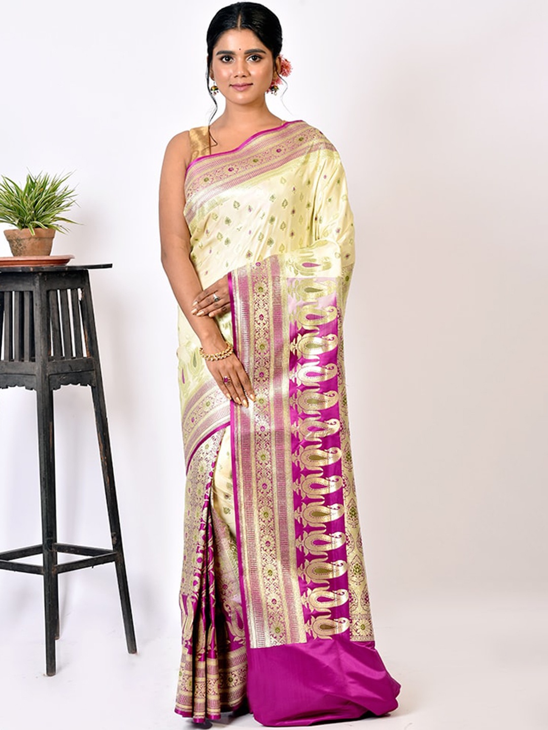

AllSilks White & Pink Woven Design Zari Silk Blend Banarasi Saree