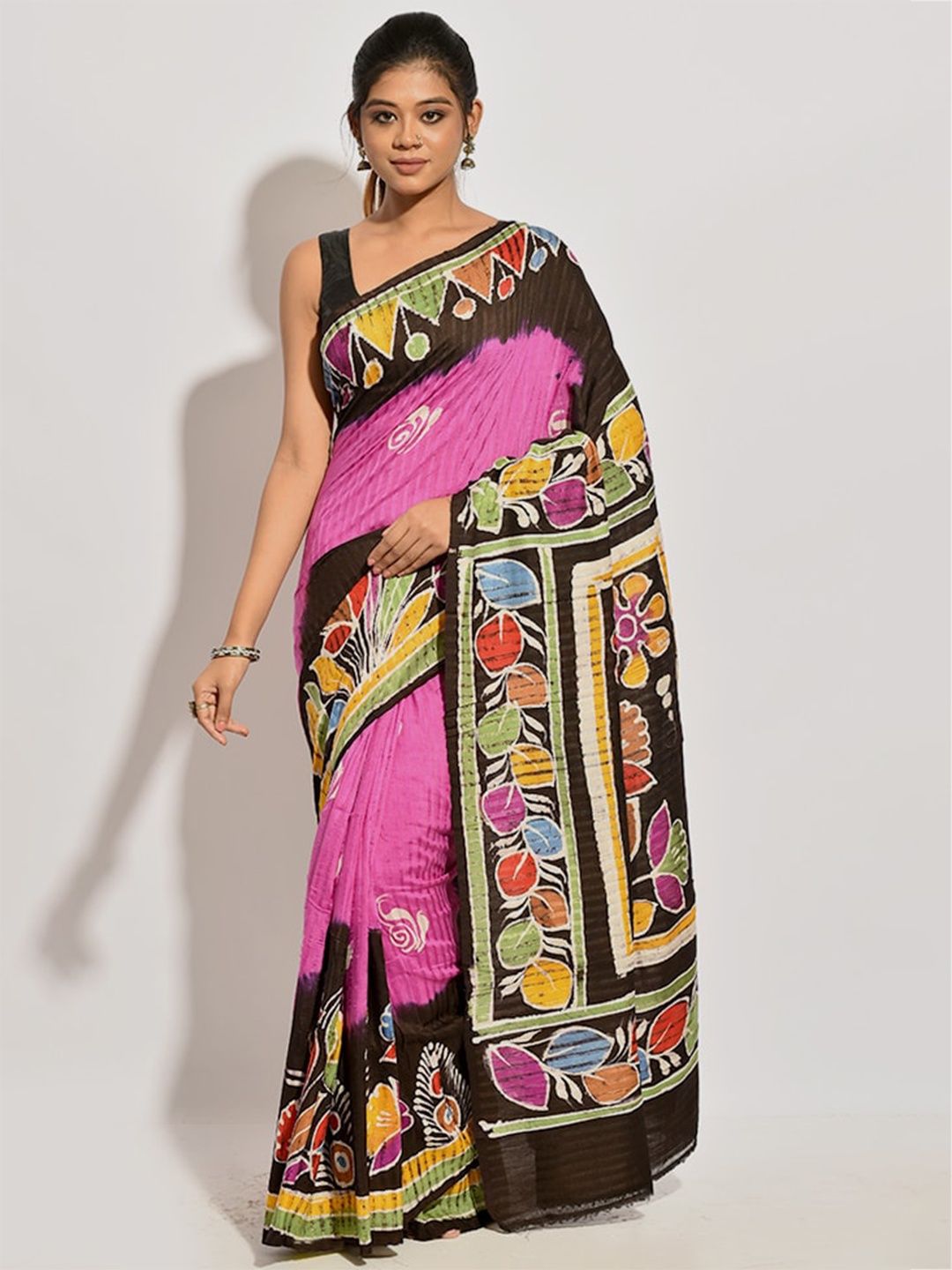 

AllSilks Pink & Brown Floral Silk Blend Saree