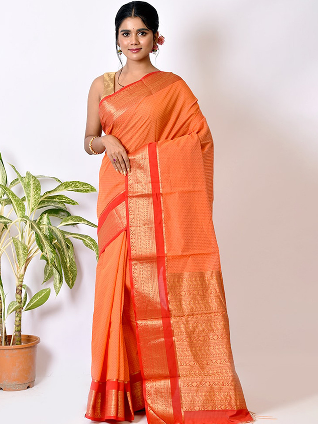 

AllSilks Rust & Gold-Toned Ethnic Motifs Zari Pure Cotton Saree