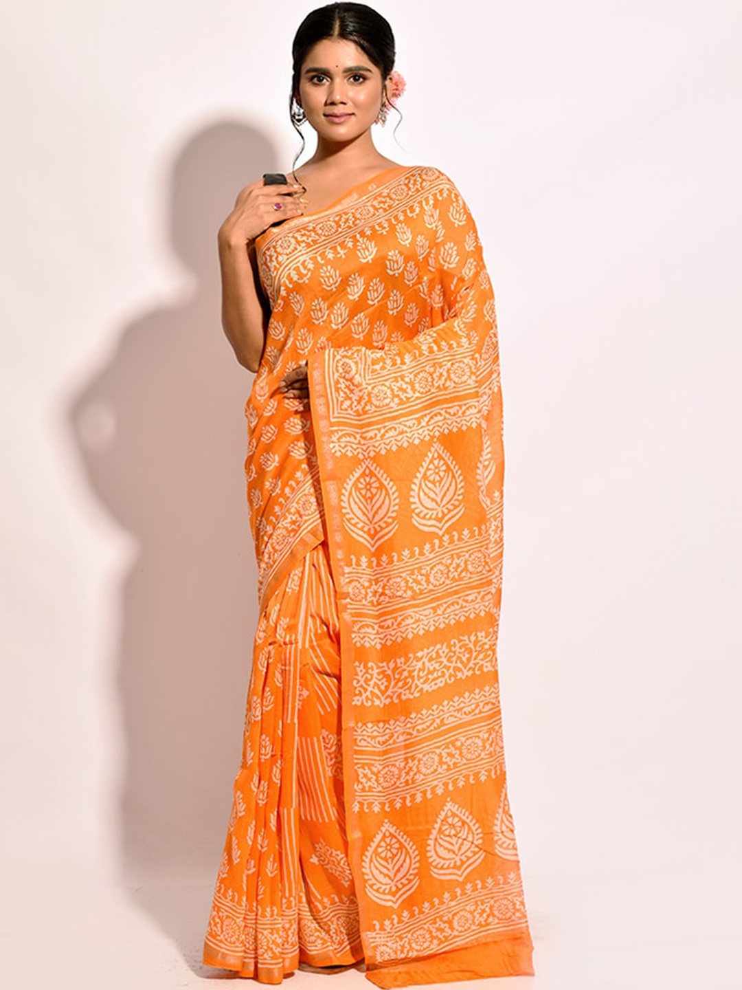 

AllSilks Orange Floral Silk Blend Chanderi Saree