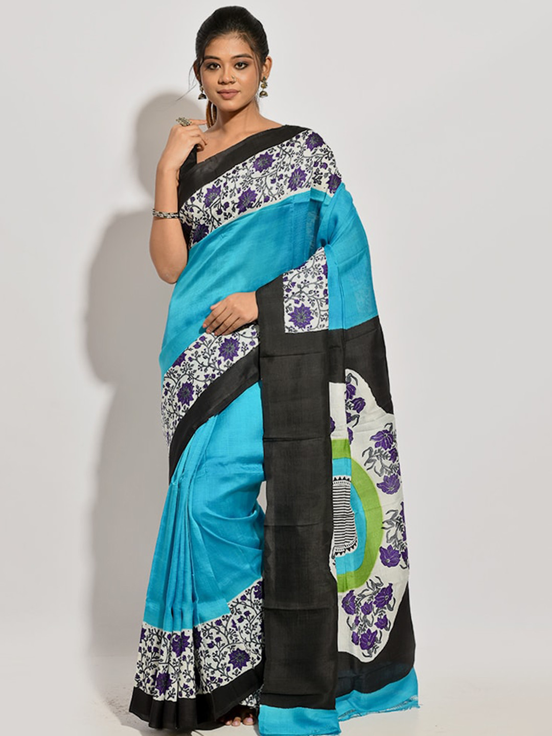 

AllSilks Blue & Black Floral Pure Silk Murshidabad Saree