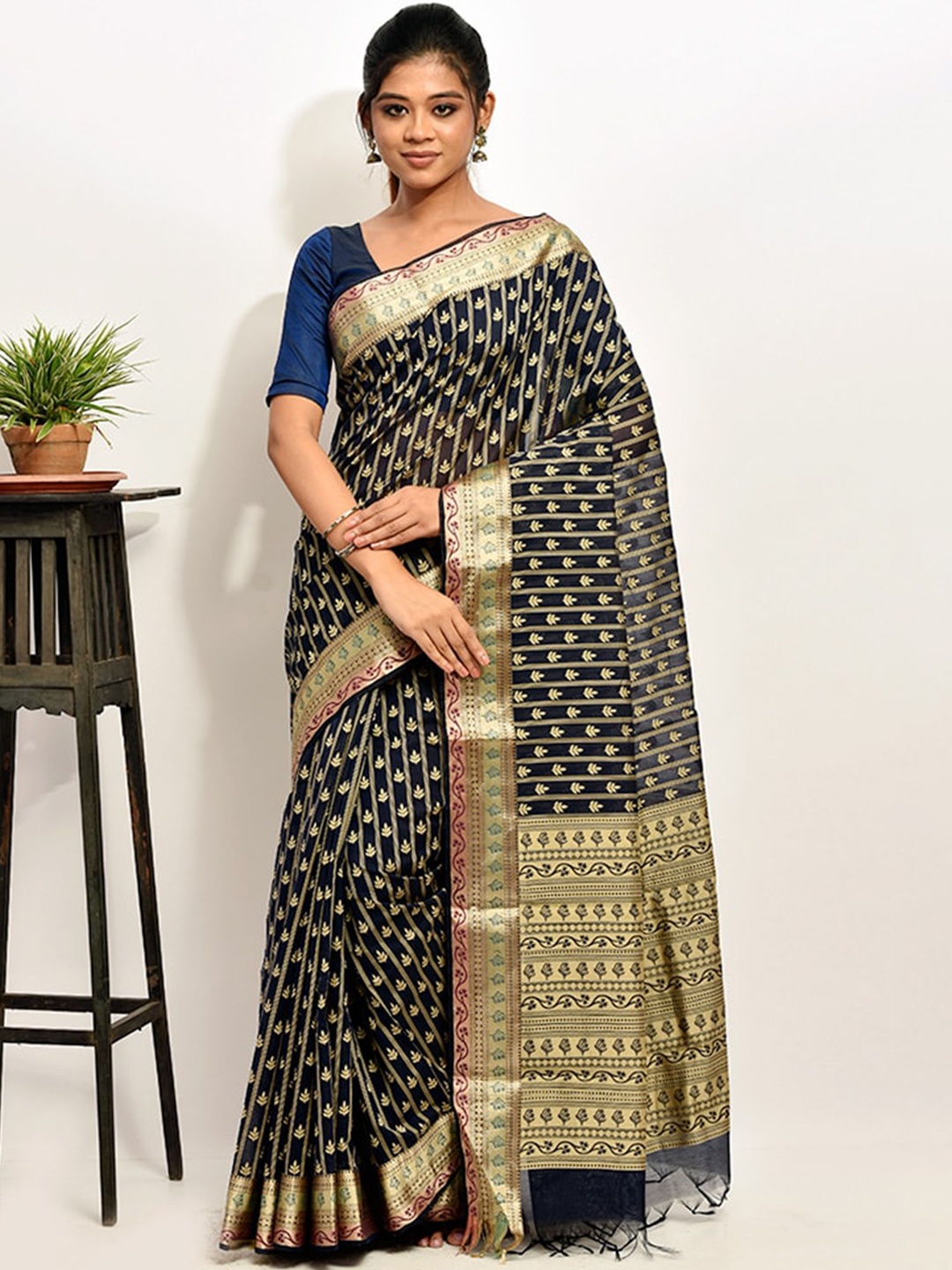 

AllSilks Blue & Gold-Toned Ethnic Motifs Zari Pure Cotton Saree