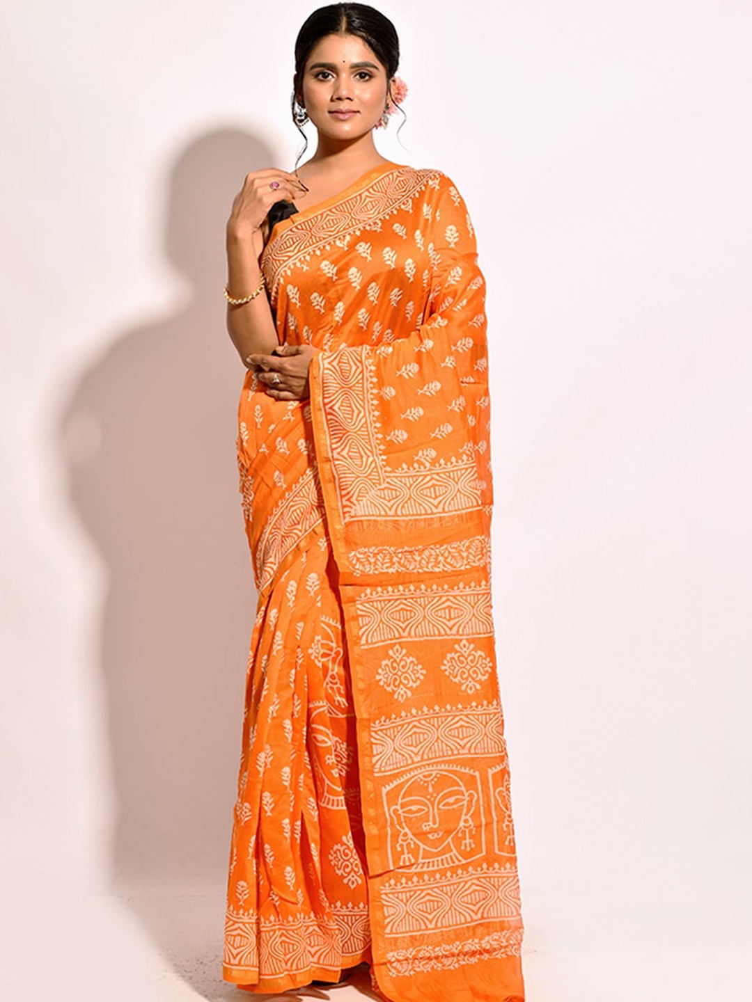 

AllSilks Orange & Off White Floral Silk Blend Chanderi Saree