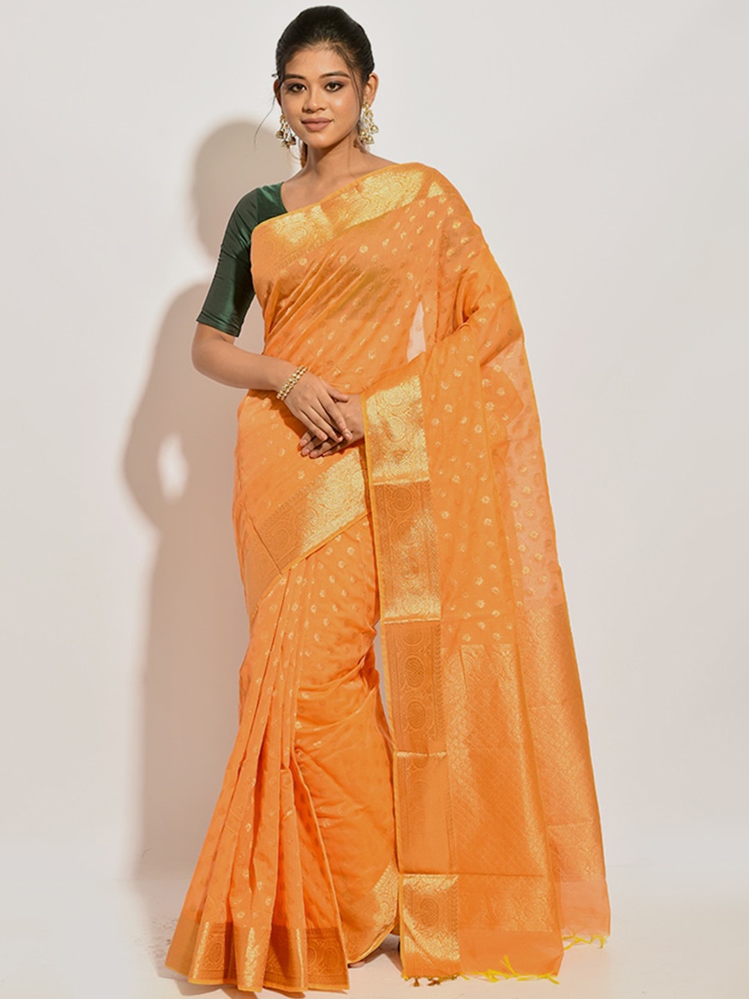 

AllSilks Orange & Gold-Toned Ethnic Motifs Zari Pure Cotton Saree