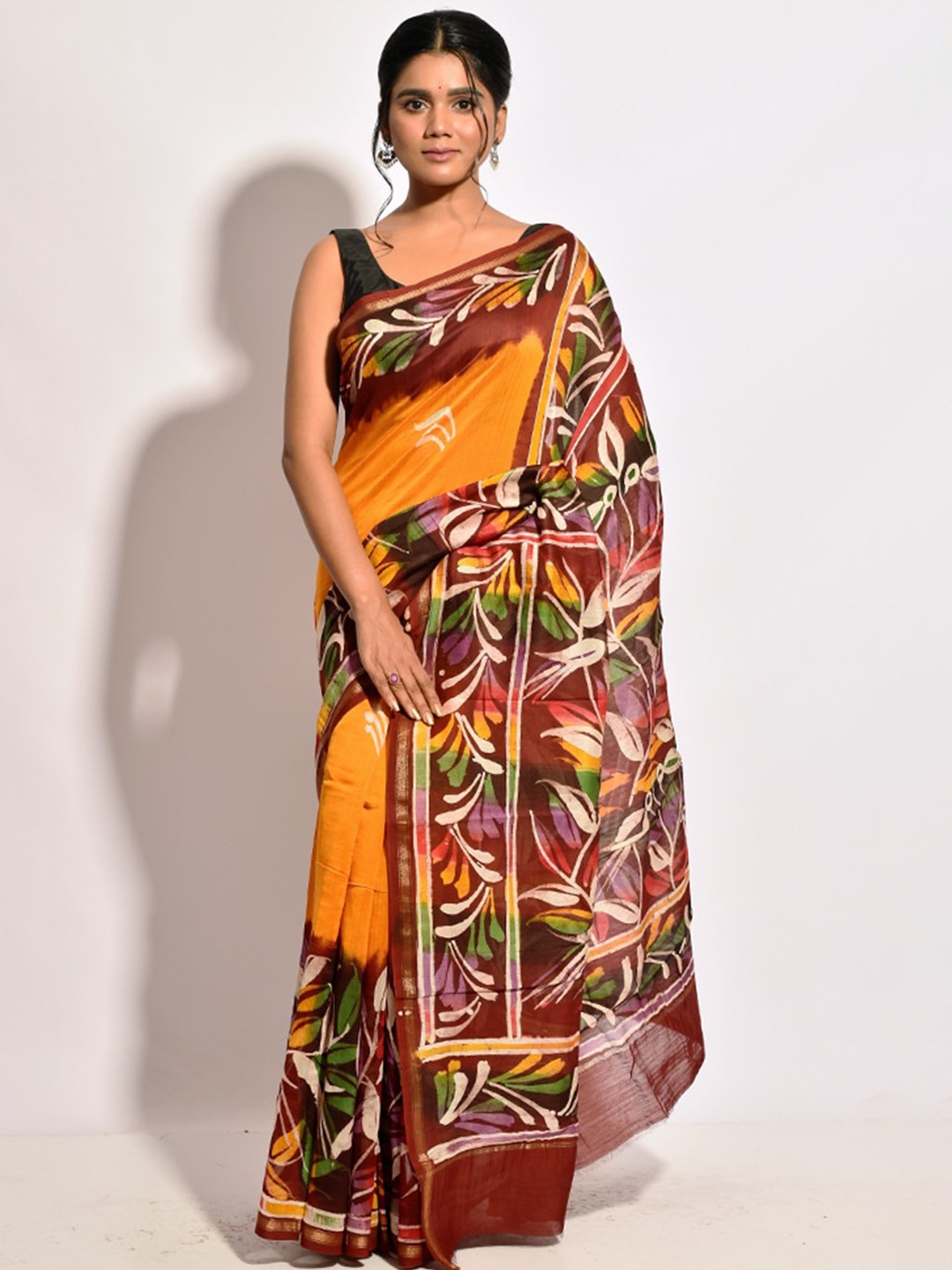 

AllSilks Yellow & Brown Floral Zari Chanderi Saree