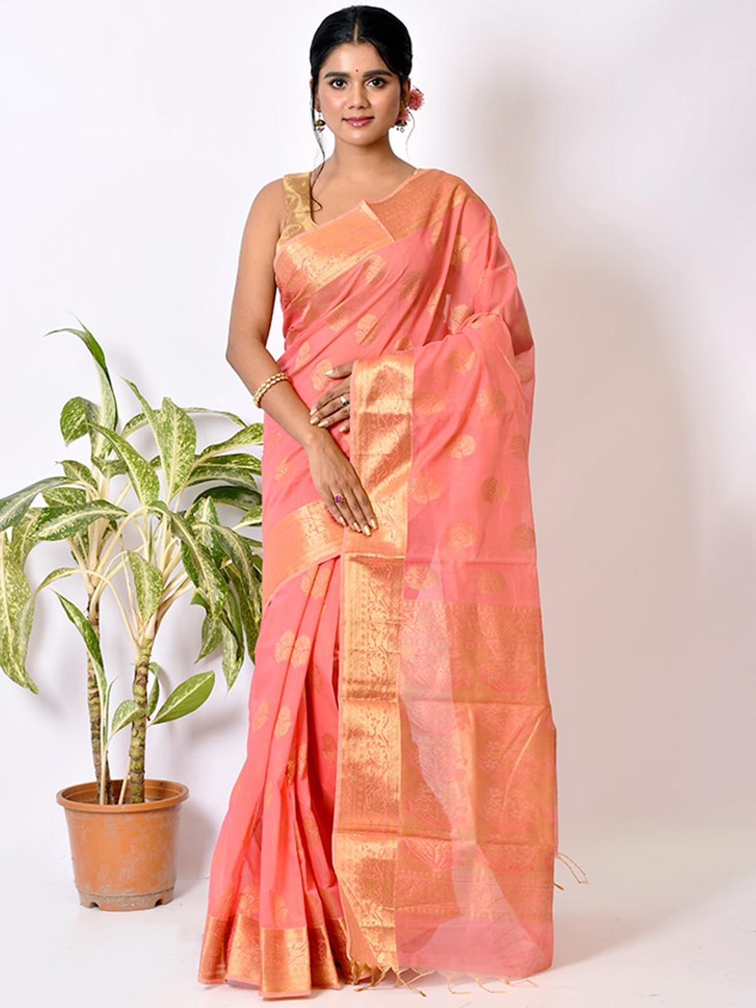 

AllSilks Pink & Gold-Toned Ethnic Motifs Zari Pure Cotton Saree