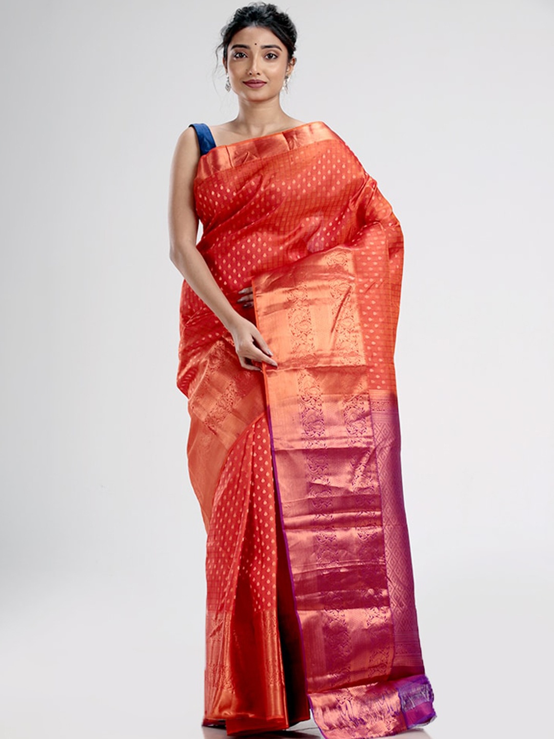 

AllSilks Rust & Purple Ethnic Motifs Zari Pure Silk Kanjeevaram Saree