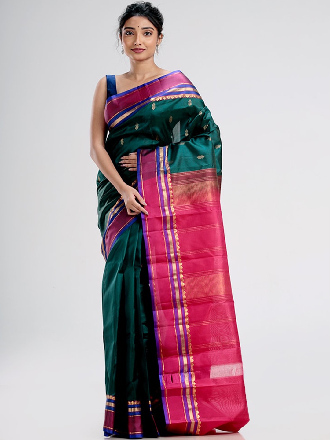 

AllSilks Green & Pink Ethnic Motifs Zari Pure Silk Kanjeevaram Saree
