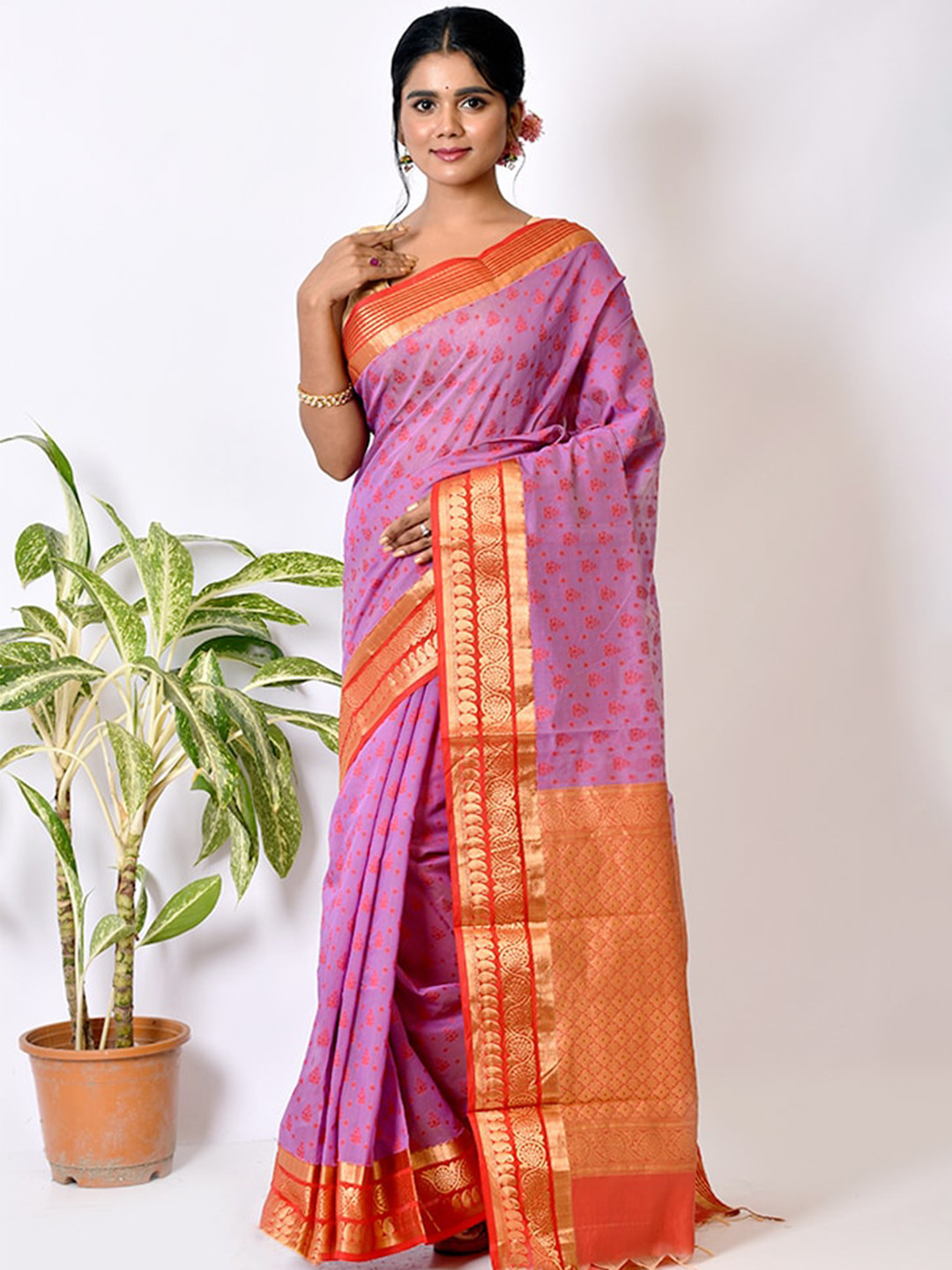 

AllSilks Purple & Orange Ethnic Motifs Zari Pure Cotton Saree