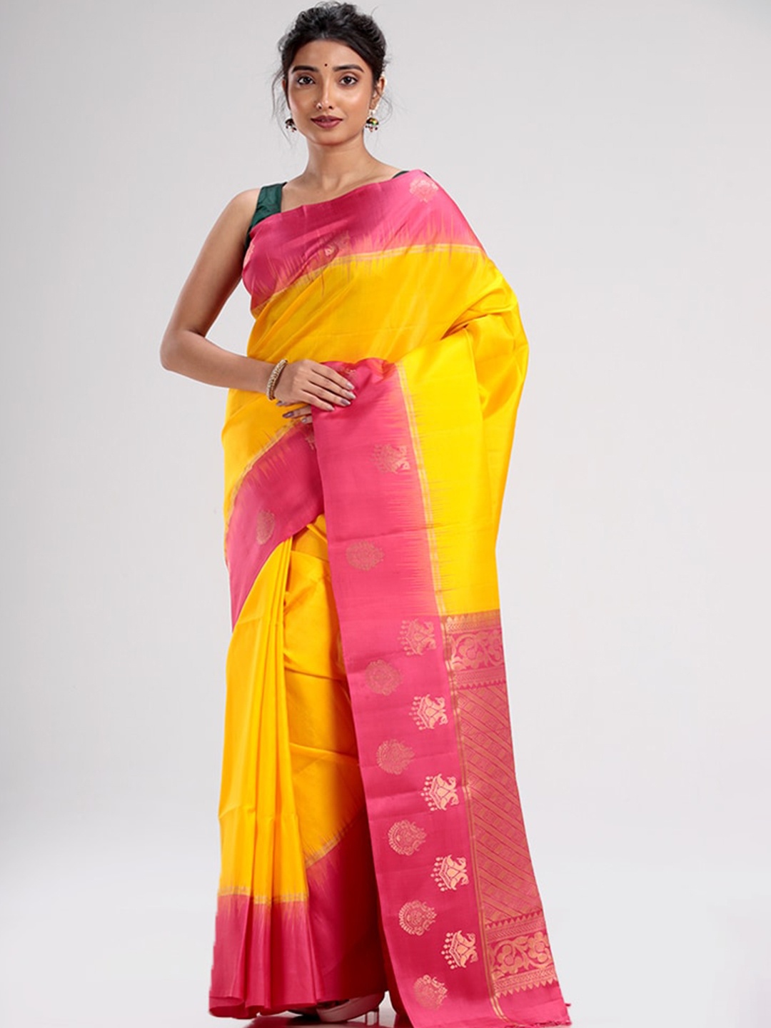 

AllSilks Yellow & Pink Ethnic Motifs Zari Pure Silk Kanjeevaram Saree