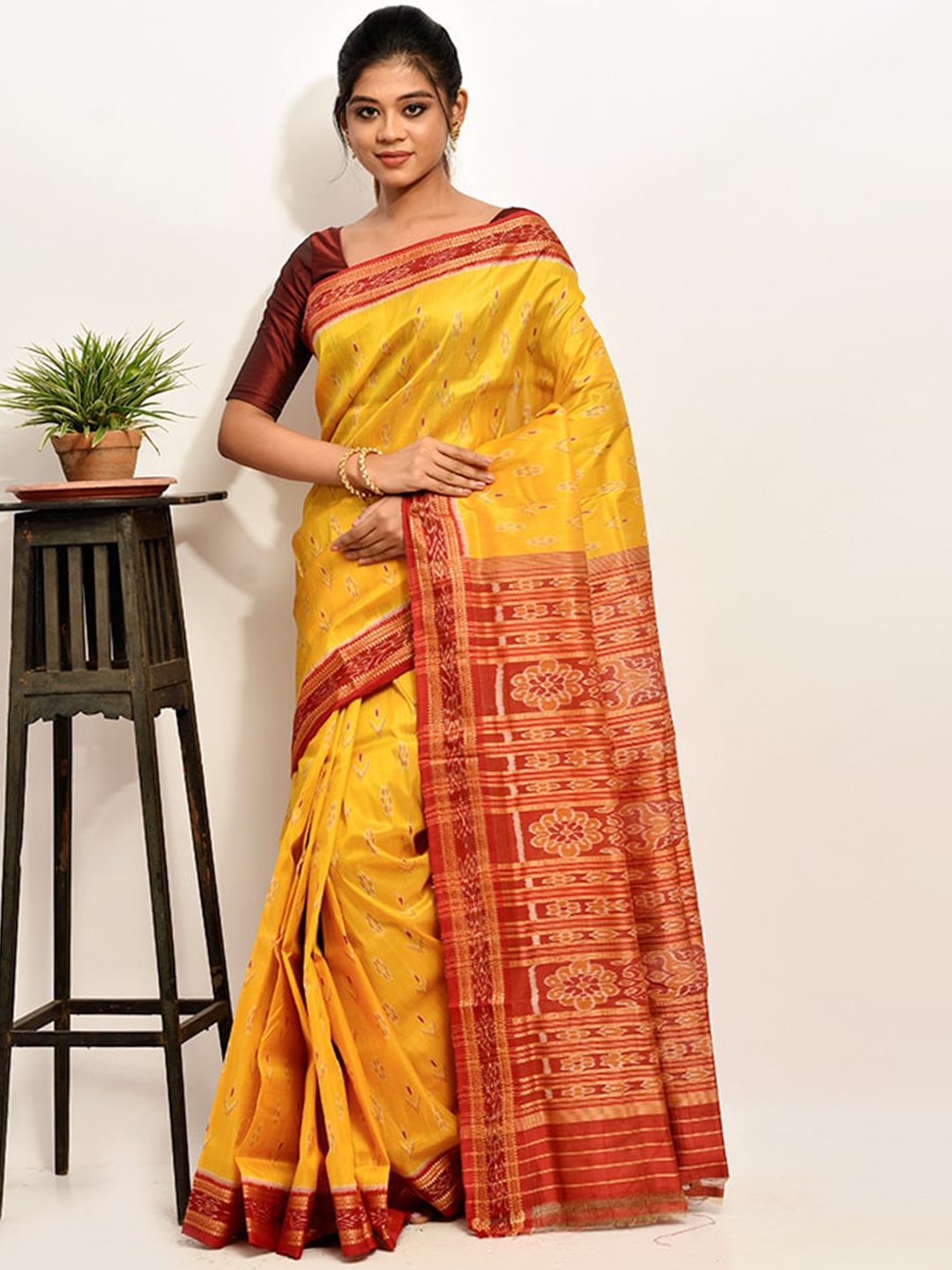 

AllSilks Yellow & Red Floral Pure Silk Pochampally Saree