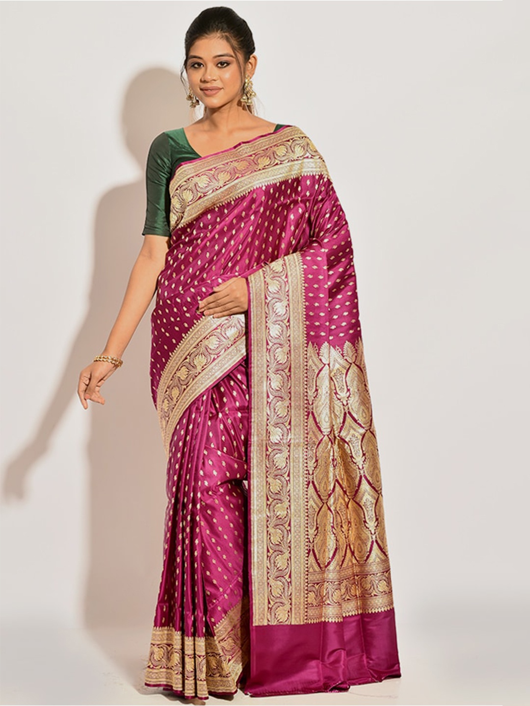 

AllSilks Purple & Gold-Toned Ethnic Motifs Zari Pure Silk Banarasi Saree