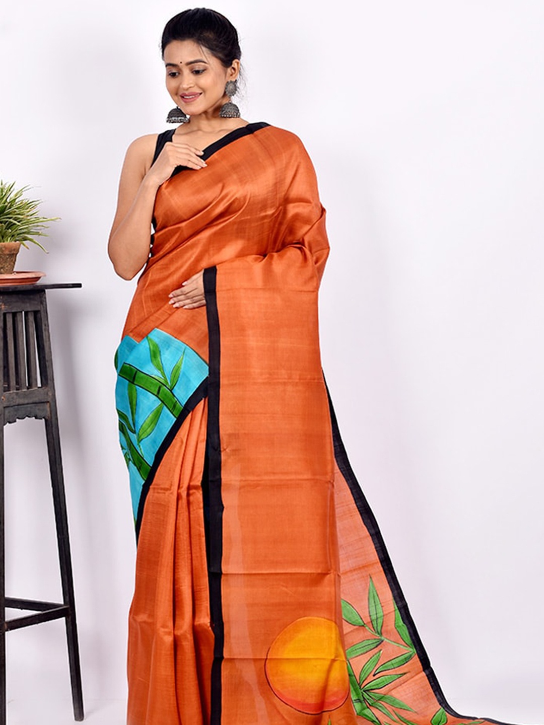 

AllSilks Rust & Green Ethnic Motifs Pure Silk Murshidabad Saree