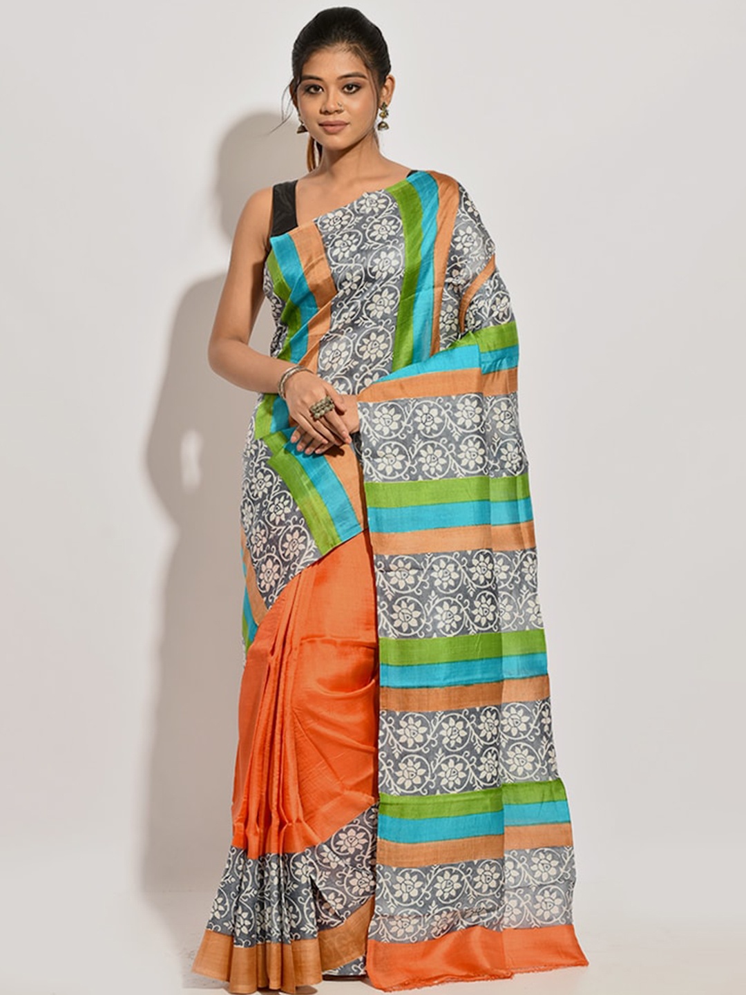 

AllSilks Orange & Blue Floral Pure Silk Murshidabad Saree