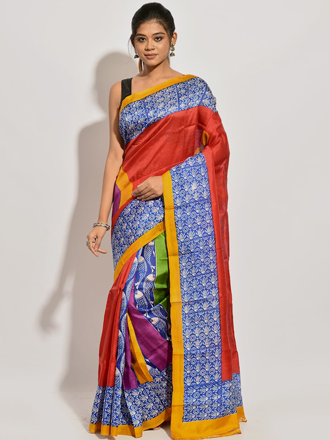 

AllSilks Red & Blue Ethnic Motifs Pure Silk Murshidabad Saree