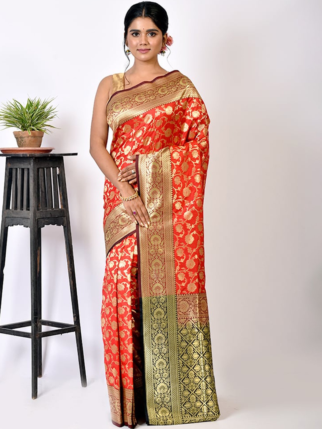 

AllSilks Red & Gold-Toned Floral Zari Silk Blend Uppada Saree
