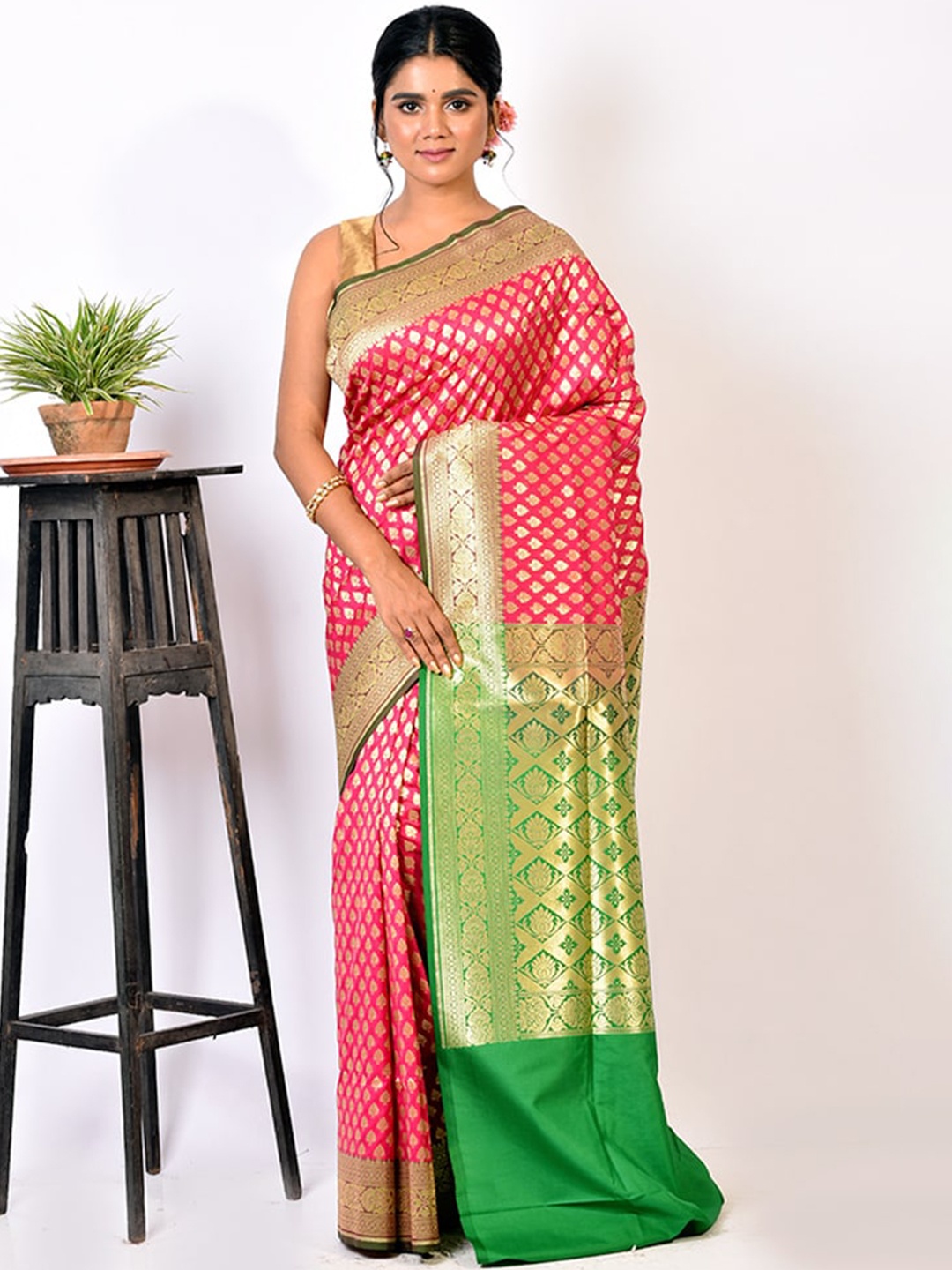 

AllSilks Pink & Green Ethnic Motifs Zari Silk Blend Uppada Saree