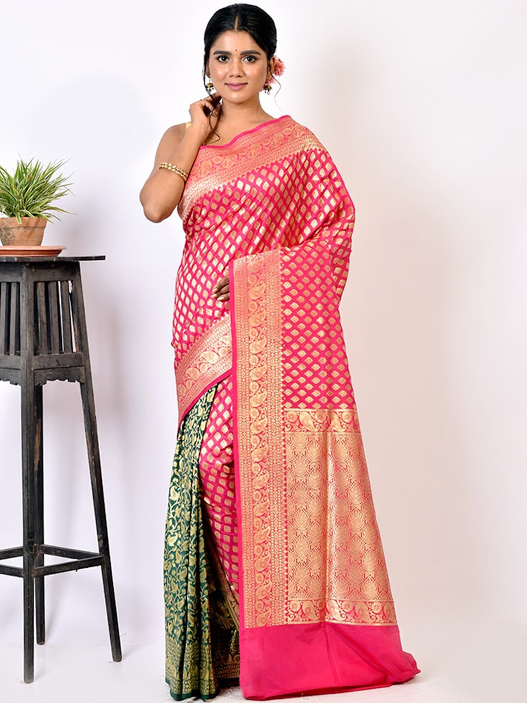 

AllSilks Pink & Green Paisley Zari Silk Blend Uppada Saree