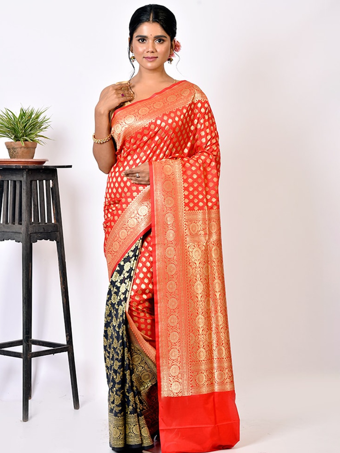 

AllSilks Red & Blue Floral Zari Silk Blend Uppada Saree