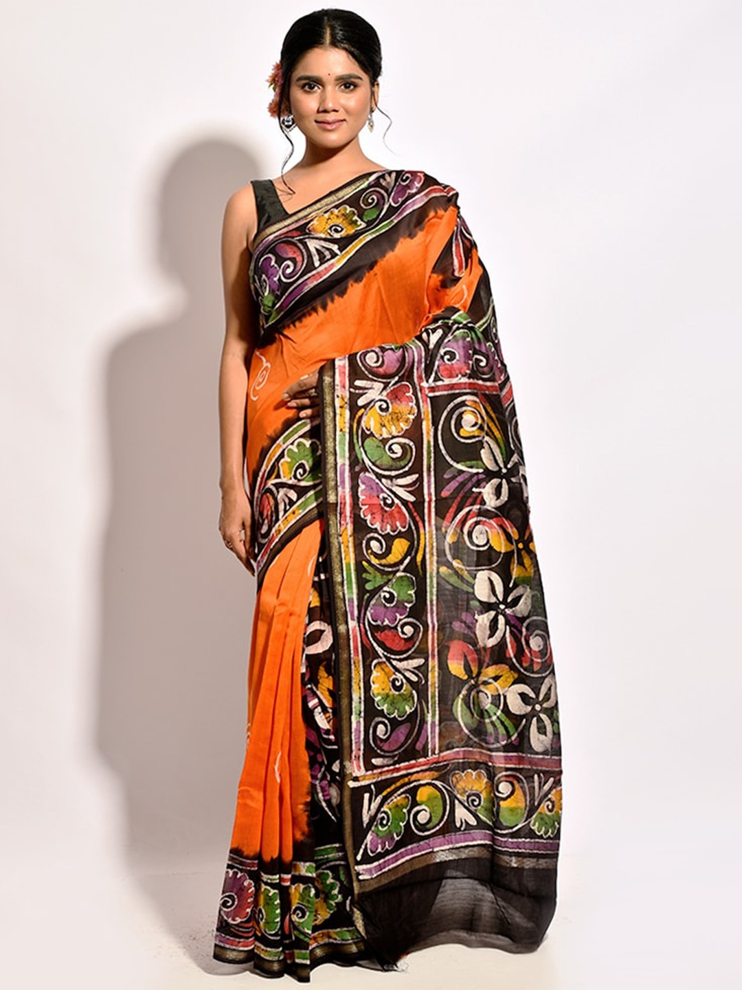 

AllSilks Rust & Brown Floral Silk Blend Chanderi Saree