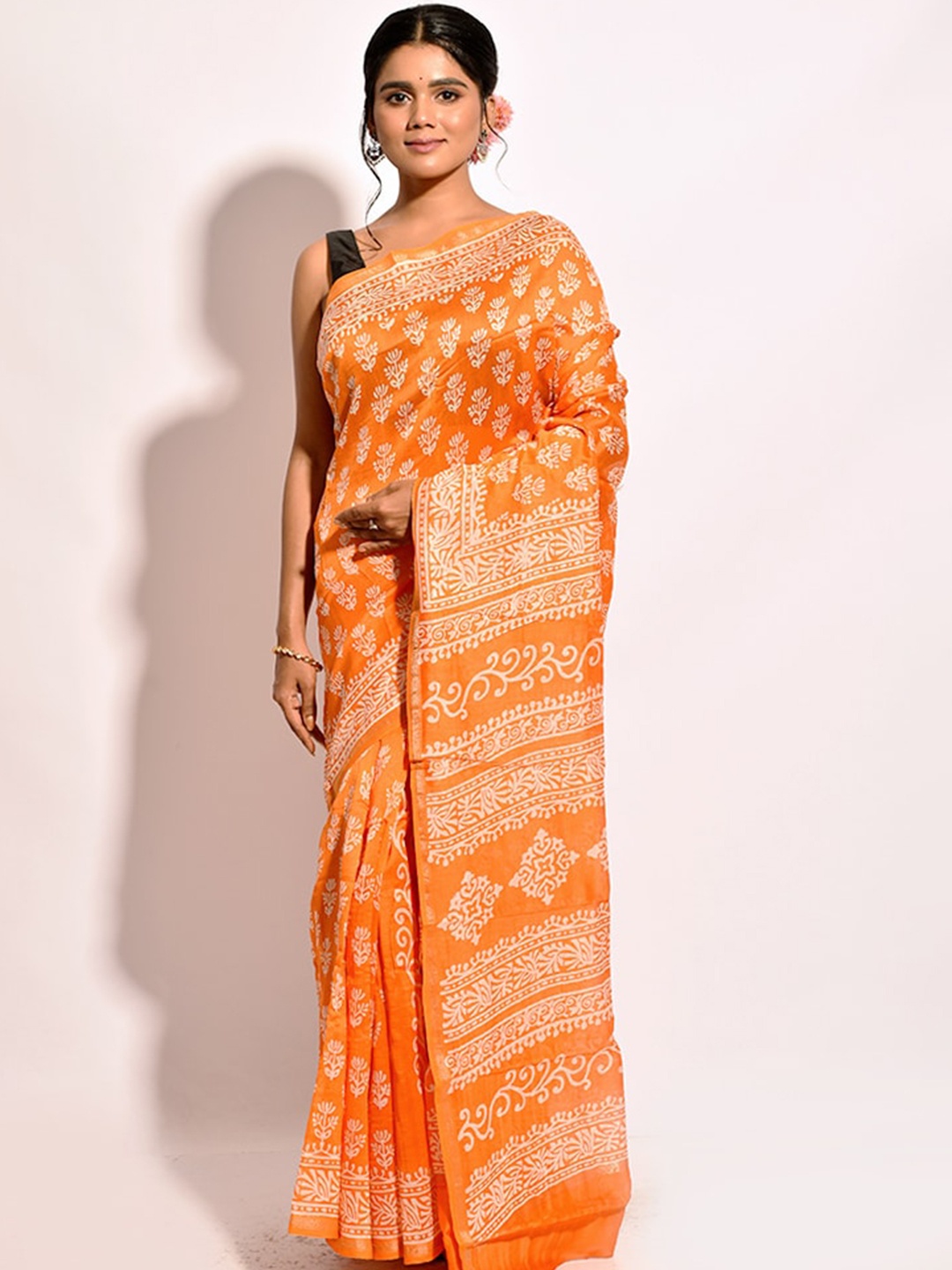 

AllSilks Orange & White Floral Silk Blend Chanderi Saree