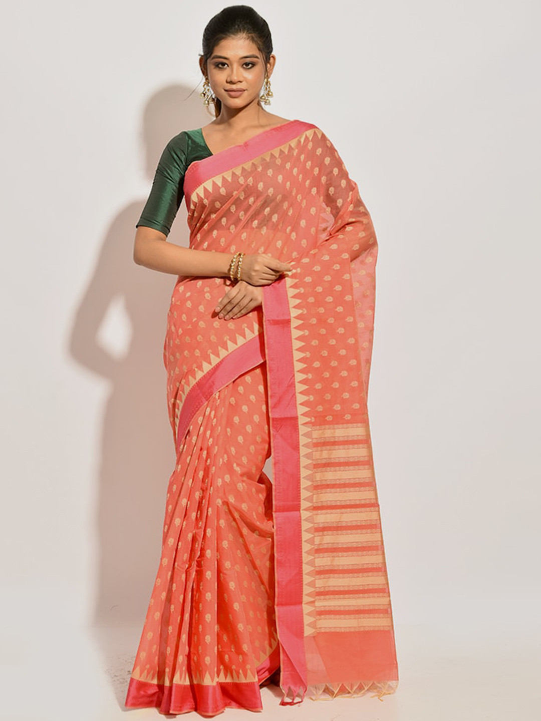 

AllSilks Pink & Gold-Toned Ethnic Motifs Zari Pure Cotton Saree