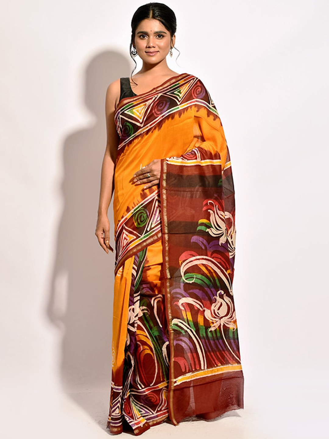 

AllSilks Yellow & Brown Floral Silk Blend Chanderi Saree