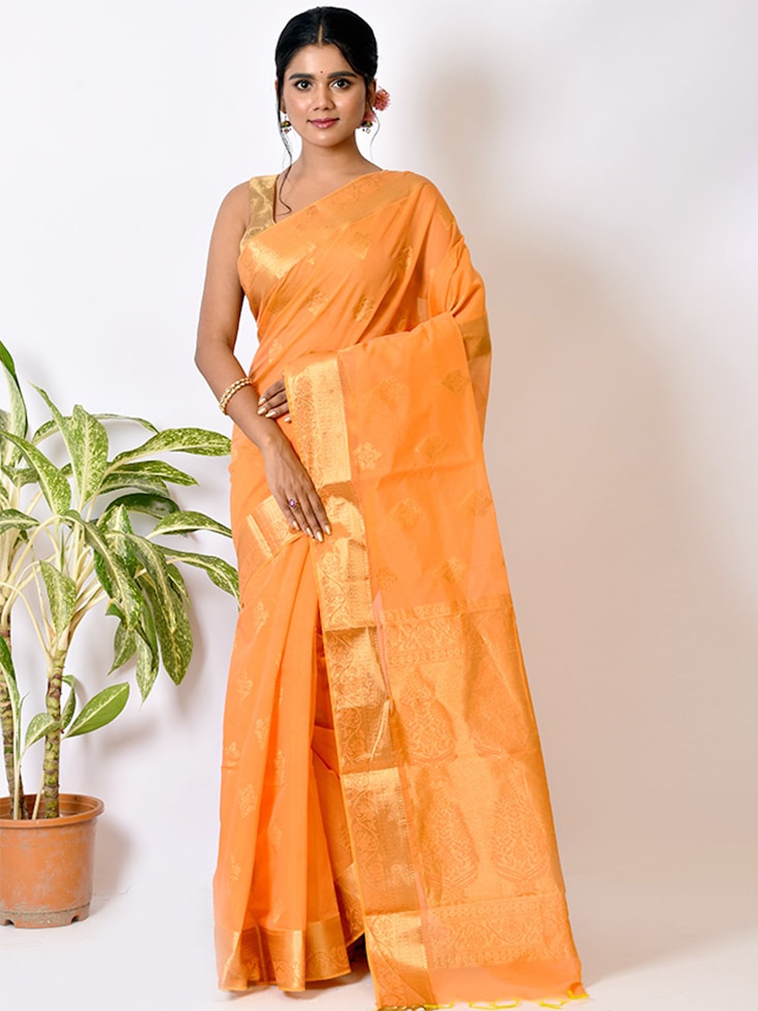 

AllSilks Orange & Gold-Toned Ethnic Motifs Zari Pure Cotton Saree